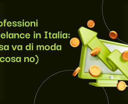 Grafica titolo: Professioni freelance in Italia, cosa va di moda (e cosa no). Illustrazione che mostra un computer con una freccia verde in ascesa e monete d'oro per rappresentare l'analisi di un trend.