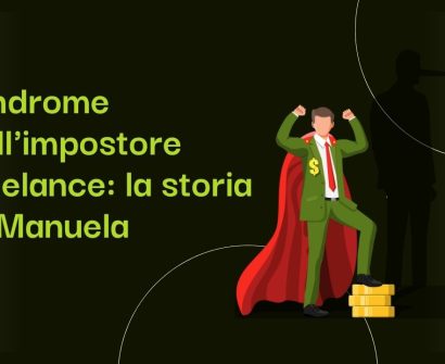 Freelance con mantello da supereroe e simboli di successo descrive la storia di Manuela e come ha affrontato la sindrome dell'impostore