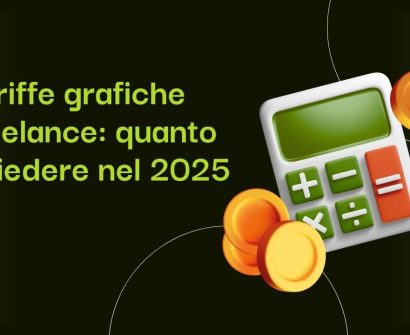 Copertina dell'articolo Tariffe grafiche freelance: quanto chiedere nel 2025 - illustrazione 3D con calcolatrice e monete.